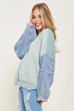 ADORA Plus Size Frayed Denim Sleeve Sweater Top - Trendsi