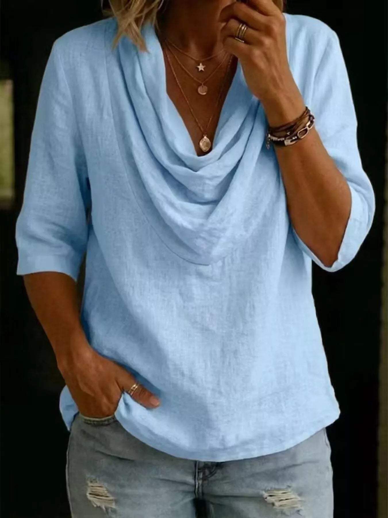 Full Size Cowl Neck 3/4 Sleeve Top Plus Size - Trendsi - Flyclothing LLC