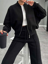 Baseball Collar Zip Up Outerwear and Drawstring Pants Set - Trendsi - Flyclothing LLC