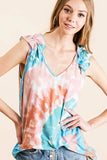 BiBi Circular Tie Dye Knit V Neck Top With Ruffle - Trendsi - Flyclothing LLC