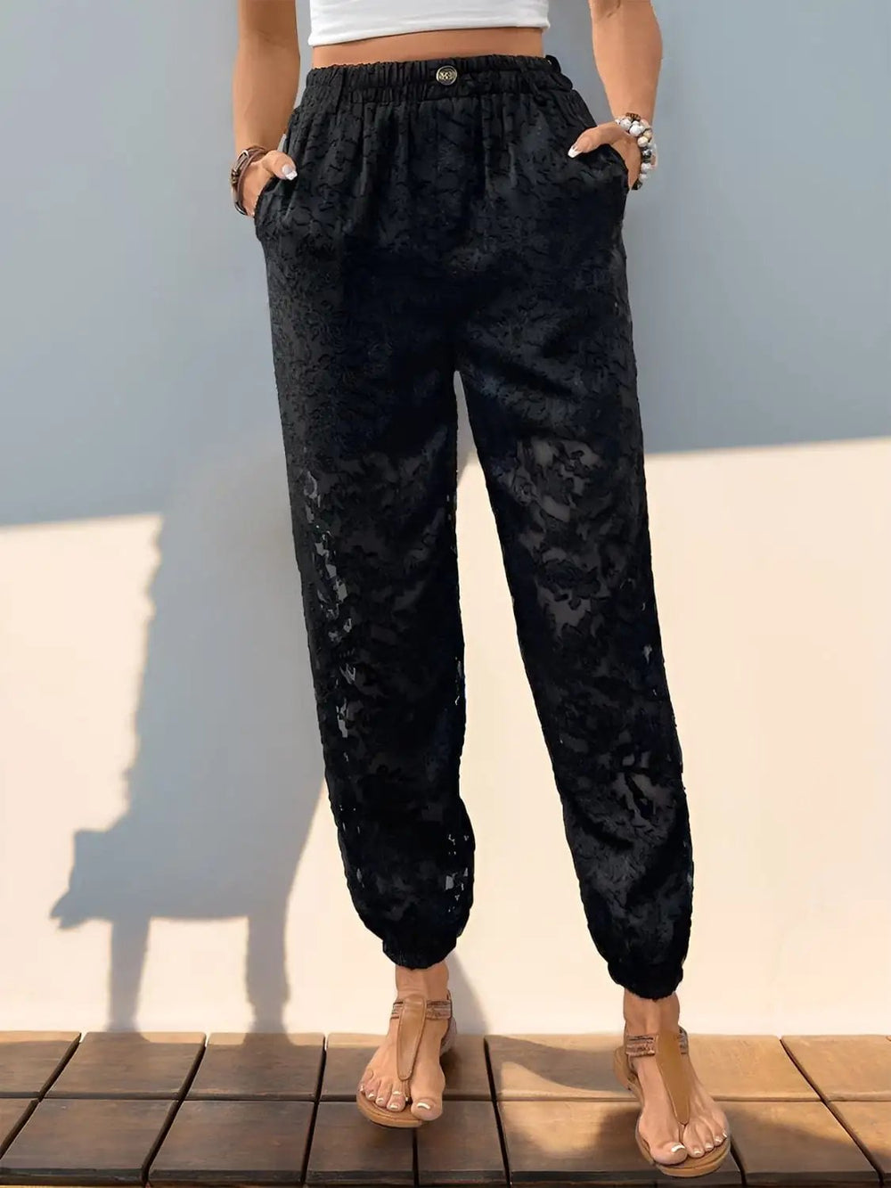 Pocketed Lace Elastic Waist Pants - Trendsi