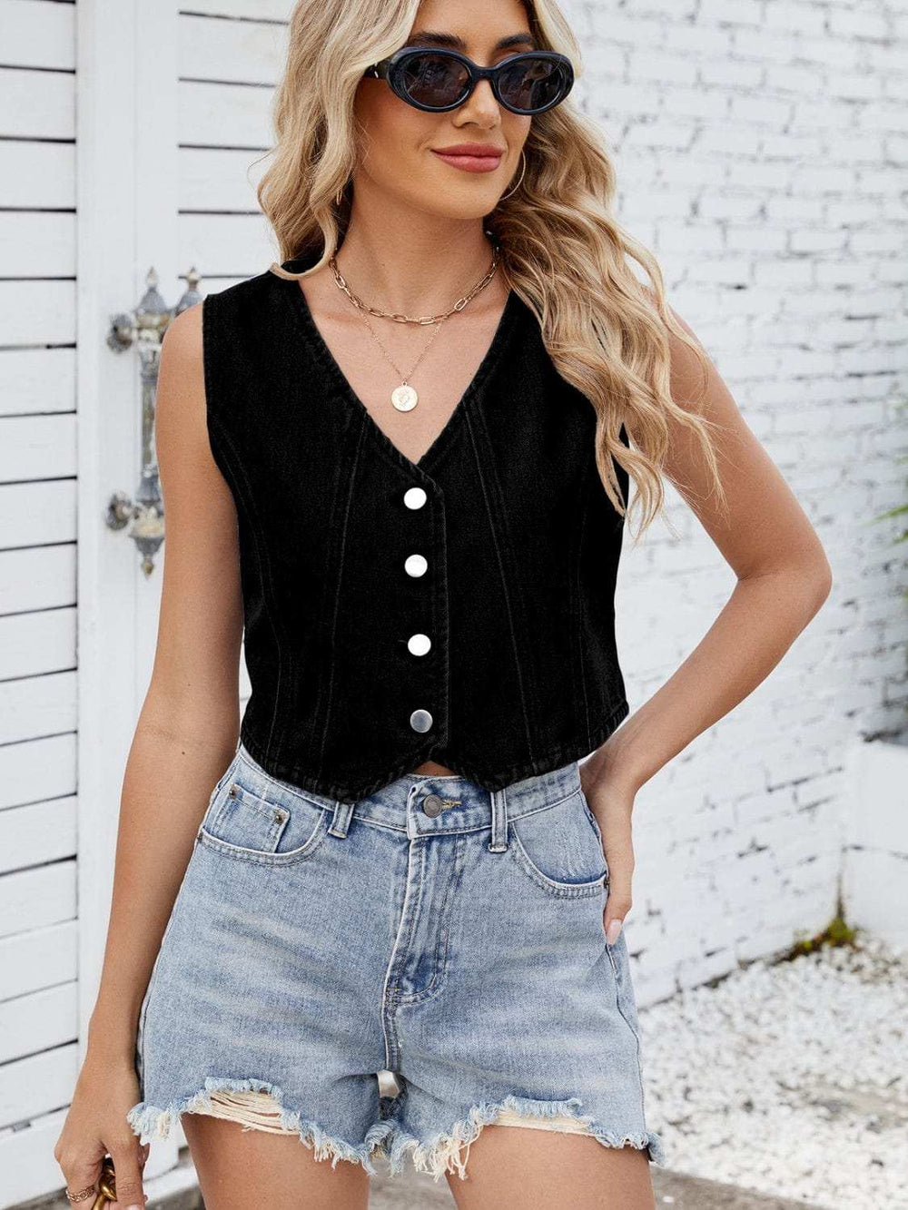 V-Neck Button Down Denim Vest - Trendsi - Flyclothing LLC