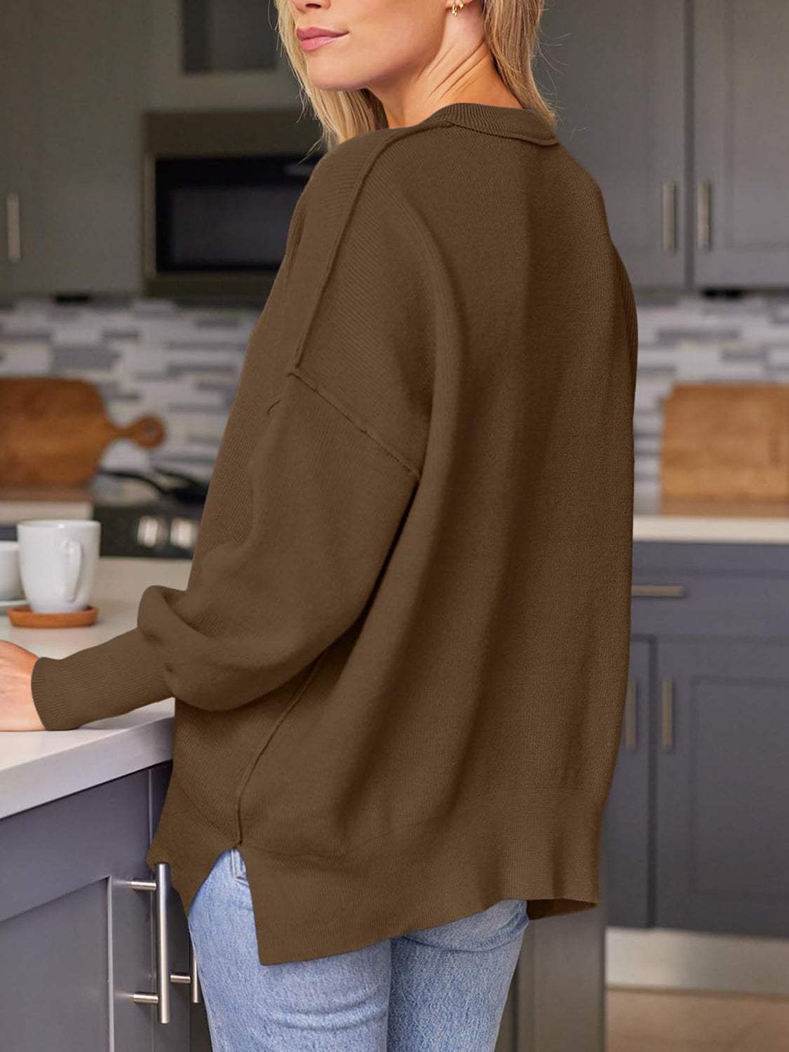 Slit Round Neck Dropped Shoulder Sweater - Trendsi - Flyclothing LLC