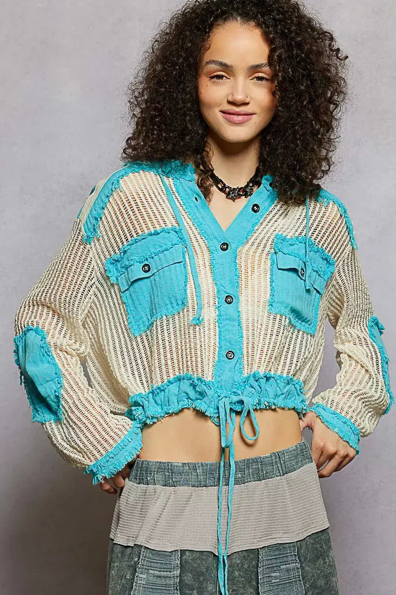 POL Texture Woven Button Down Hooded Shirt with Drawstring Hem - Trendsi - Flyclothing LLC