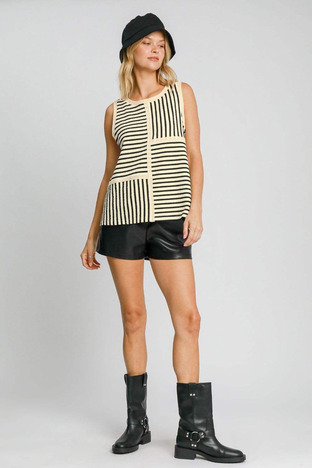 Umgee Round Neck Texture Striped Tank - Trendsi - Flyclothing LLC