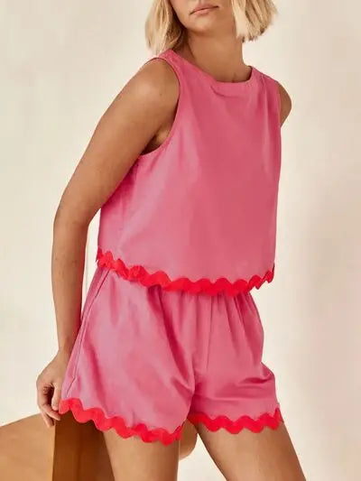 Contrast Trim Round Neck Tank and Shorts Set - Trendsi - Flyclothing LLC