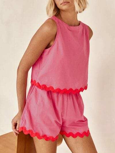 Contrast Trim Round Neck Tank and Shorts Set - Trendsi - Flyclothing LLC