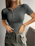 Round Neck Quarter Button Short Sleeve Top - Trendsi