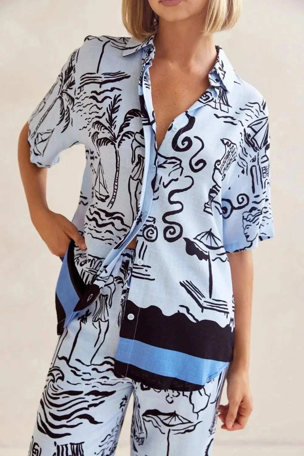 Printed Button Up Shirt and Pants Set Plus Size - Trendsi - Flyclothing LLC