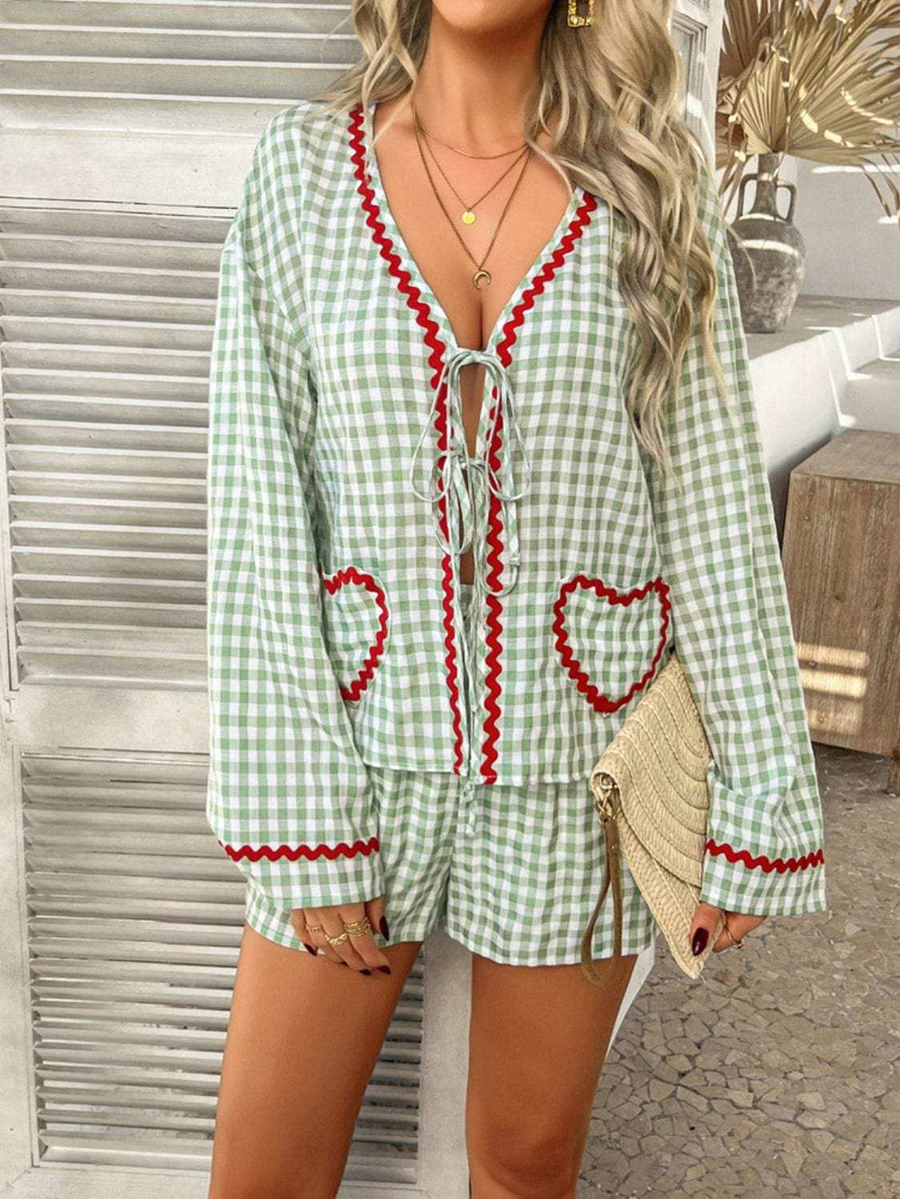 Devine Tie Front Contrast Plaid Shirt and Shorts Set - Trendsi - Flyclothing LLC