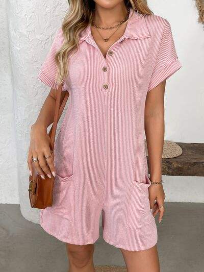 Button Detail Collared Neck Short Sleeve Romper - Trendsi - Flyclothing LLC