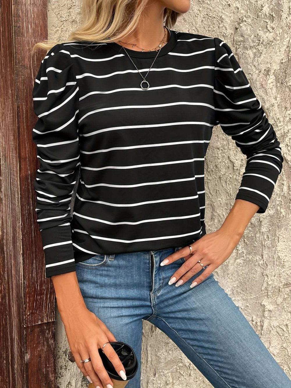 Full Size Striped Round Neck Puff Sleeve T-Shirt - Trendsi - Flyclothing LLC
