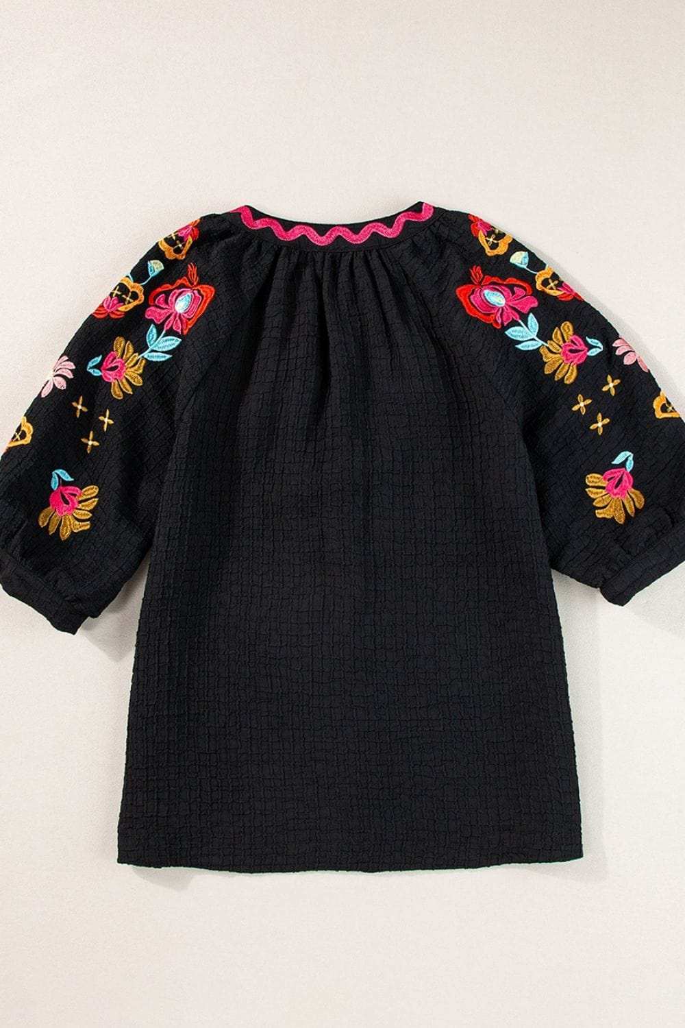 Floral Embroidered Notched Puff Sleeve Blouse - Trendsi - Flyclothing LLC