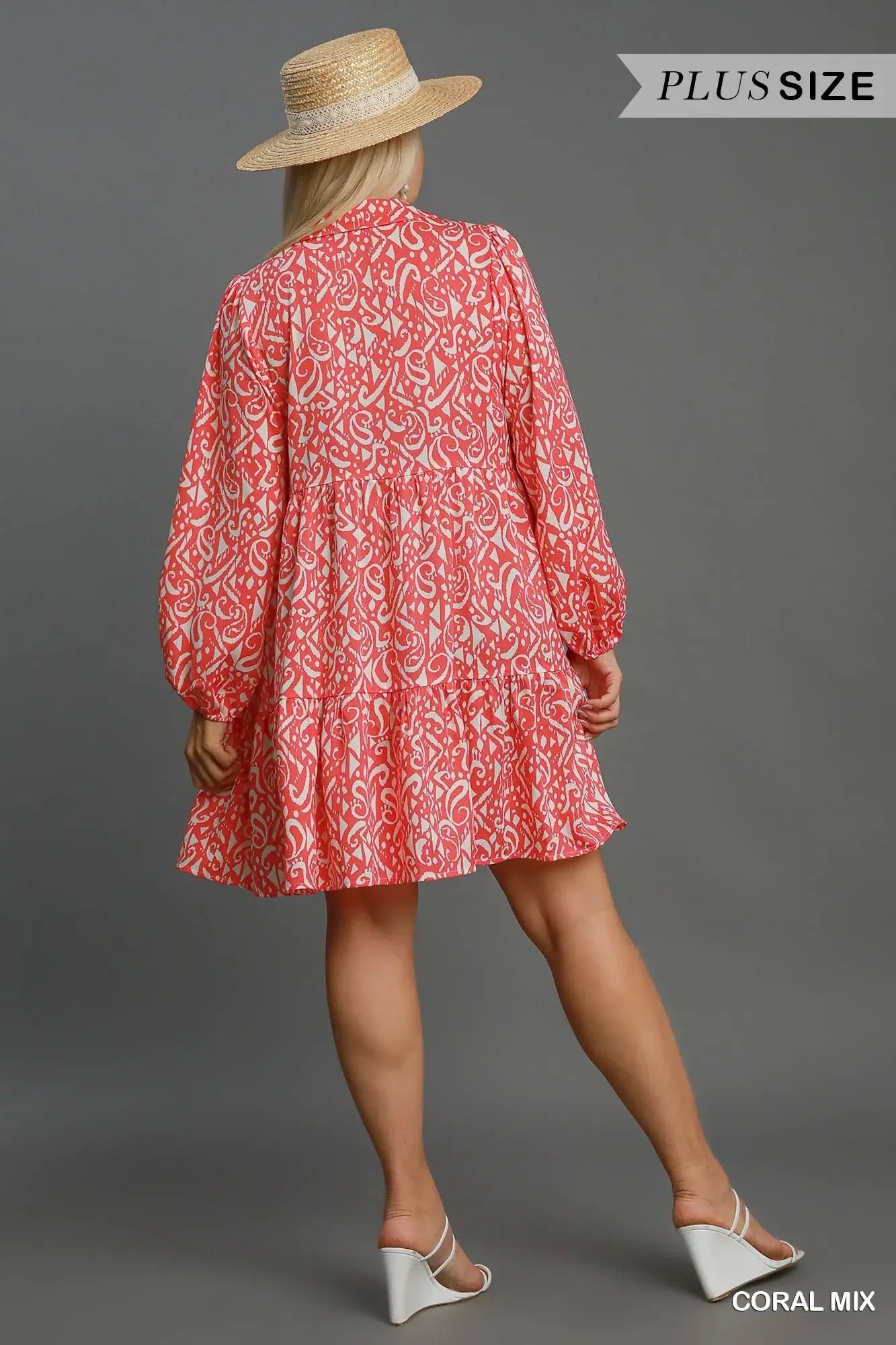 Umgee Full Size Two Tone Print Balloon Sleeve Tiered Dress Plus Size - Trendsi - Flyclothing LLC