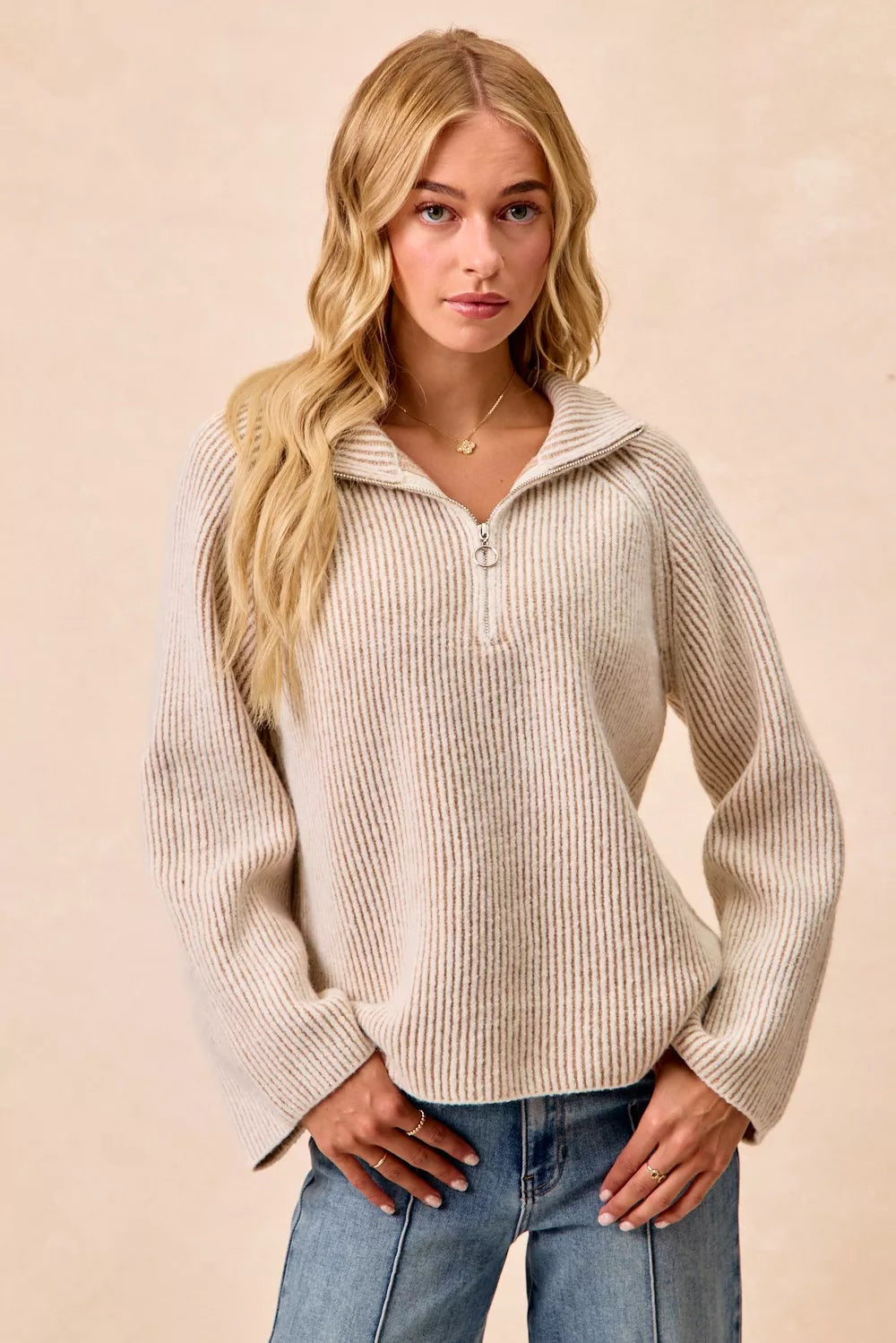 BiBi Two Tone Rib Texured Knit Collared Top with Zip Up - Trendsi - Flyclothing LLC