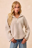 BiBi Two Tone Rib Texured Knit Collared Top with Zip Up - Trendsi - Flyclothing LLC