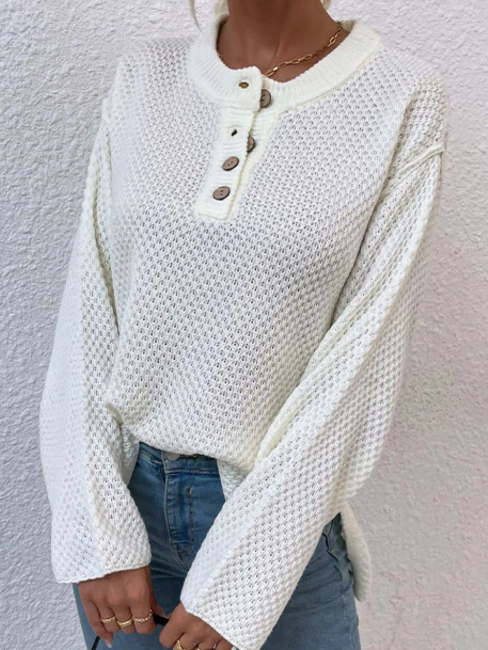 Button Detail Long Sleeve Knit Top - Trendsi - Flyclothing LLC