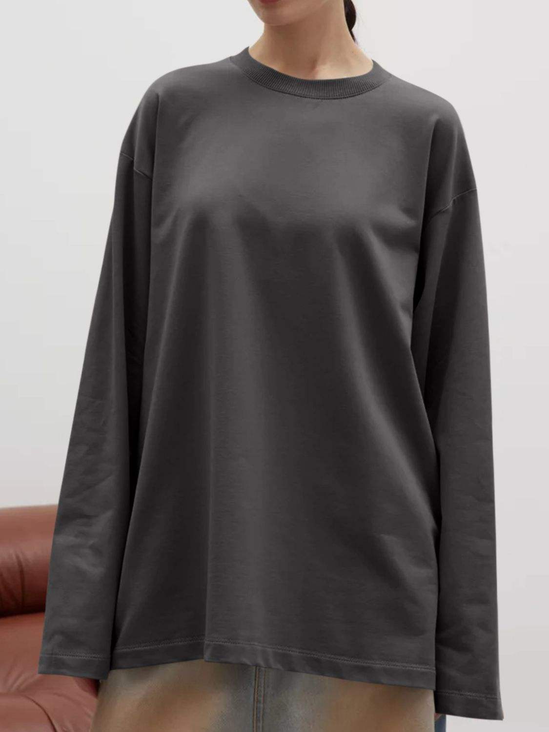 Round Neck Dropped Shoulder Long Sleeve T-Shirt - Trendsi - Flyclothing LLC