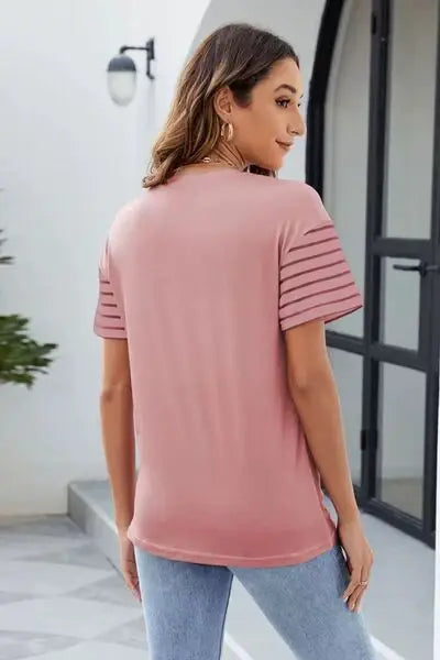 Color Block Round Neck Short Sleeve T-Shirt - Trendsi - Flyclothing LLC