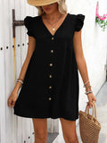 Button Up V-Neck Cap Sleeve Mini Dress - Trendsi - Flyclothing LLC