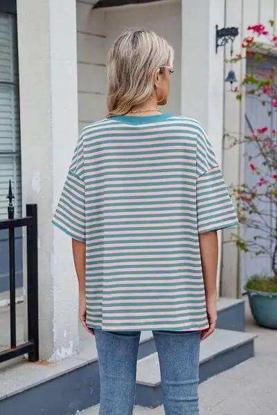 Contrast Striped Round Neck Half Sleeve T-Shirt - Trendsi - Flyclothing LLC