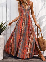 Tied Back Printed Sleeveless Maxi Slit Dress - Trendsi - Flyclothing LLC