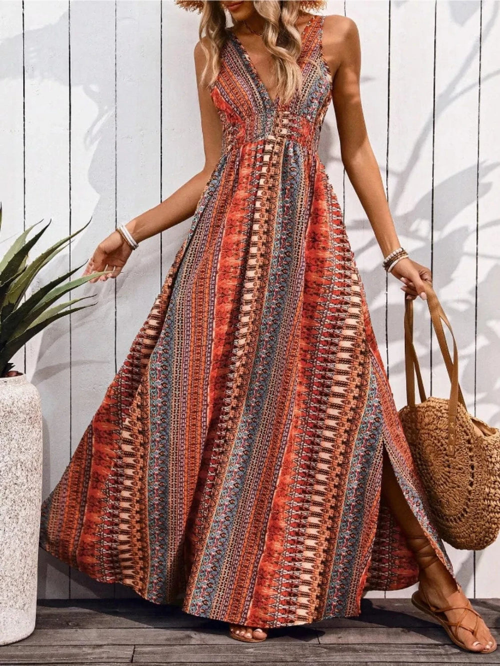 Tied Back Printed Sleeveless Maxi Slit Dress - Trendsi