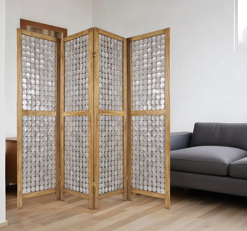 84" Clear Capiz Mother of Pearl Folding Three Panel Screen Room Divider - Homeroots