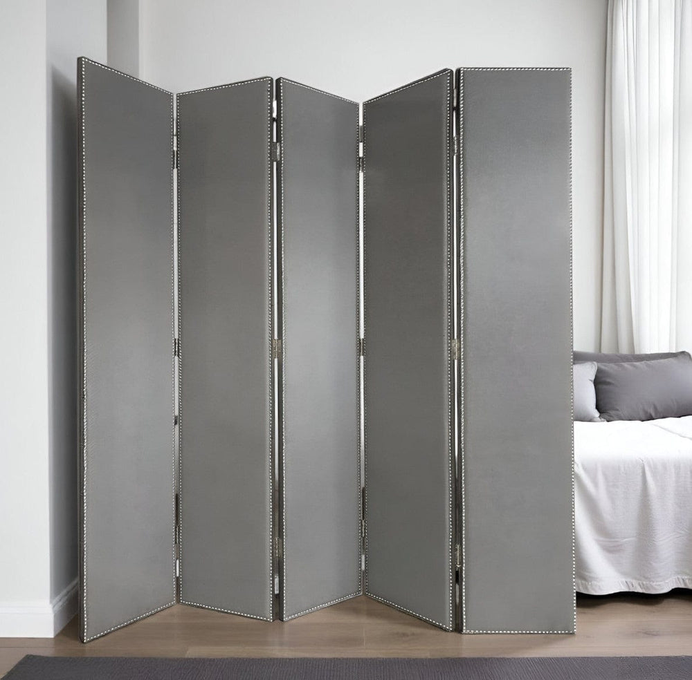 108" Gray Fabric And Wood Folding Five Panel Screen Room Divider - Homeroots - Flyclothing LLC