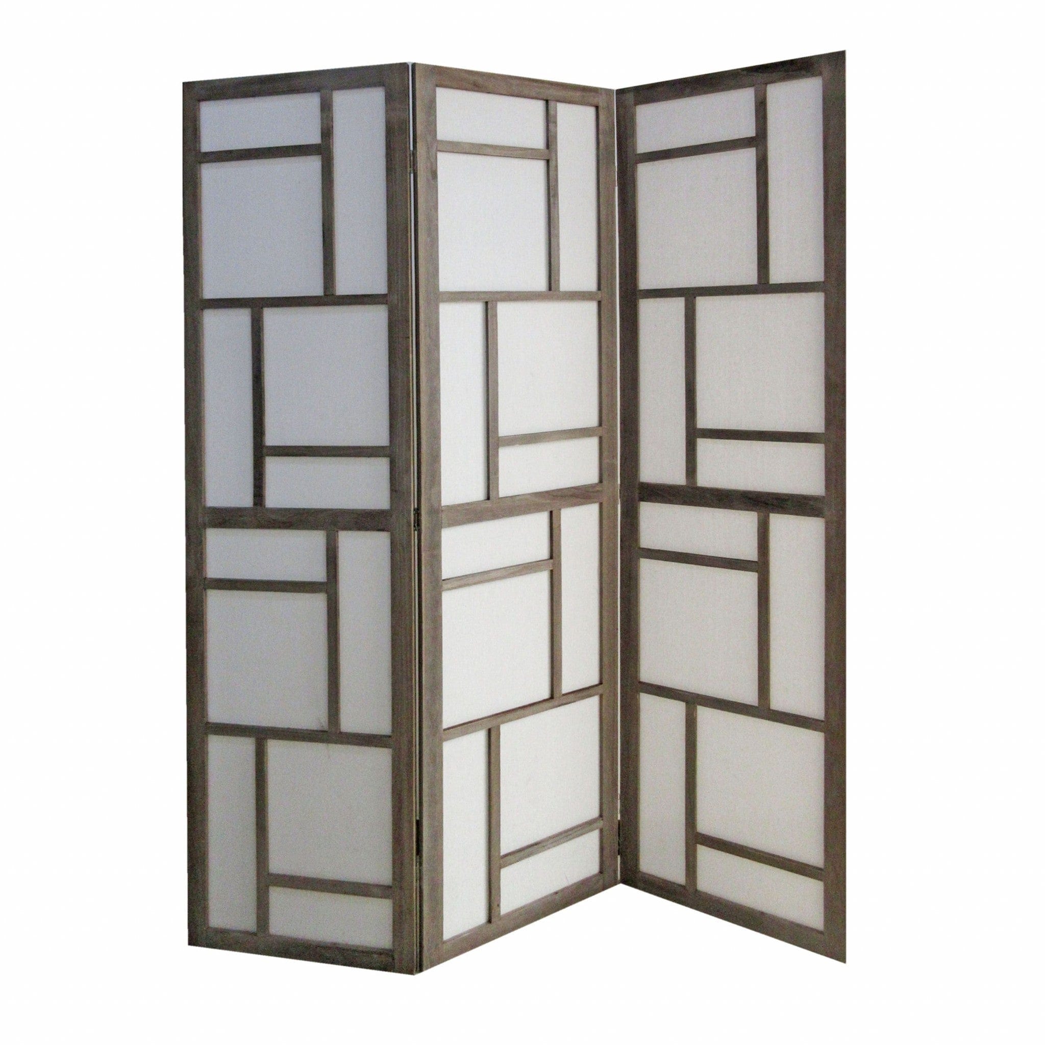 50" Gray and White Wood and Fabric Three Panel Screen Room Divider - Homeroots