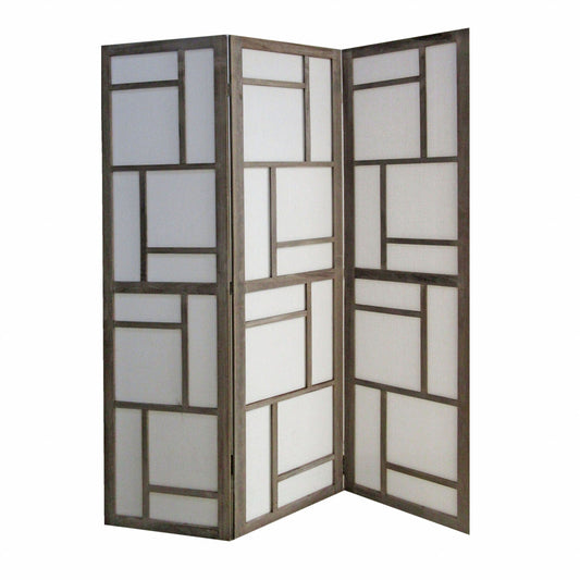 50" Gray and White Wood and Fabric Three Panel Screen Room Divider - Homeroots