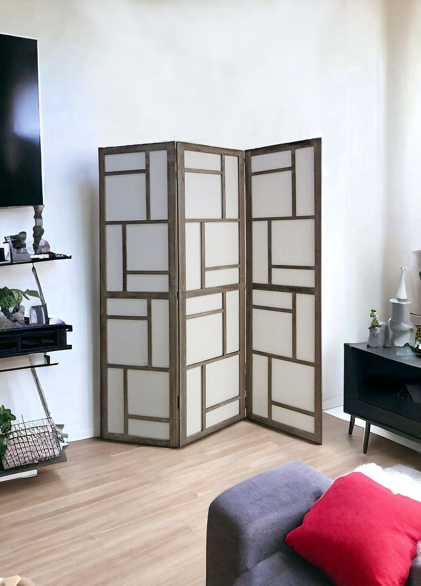 50" Gray and White Wood and Fabric Three Panel Screen Room Divider - Homeroots