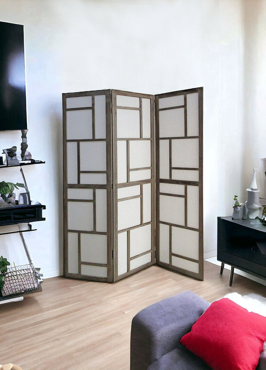 50" Gray and White Wood and Fabric Three Panel Screen Room Divider - Homeroots
