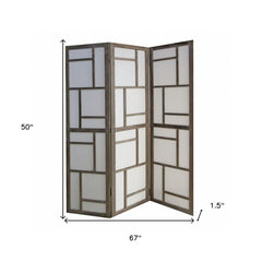 50" Gray and White Wood and Fabric Three Panel Screen Room Divider - Homeroots
