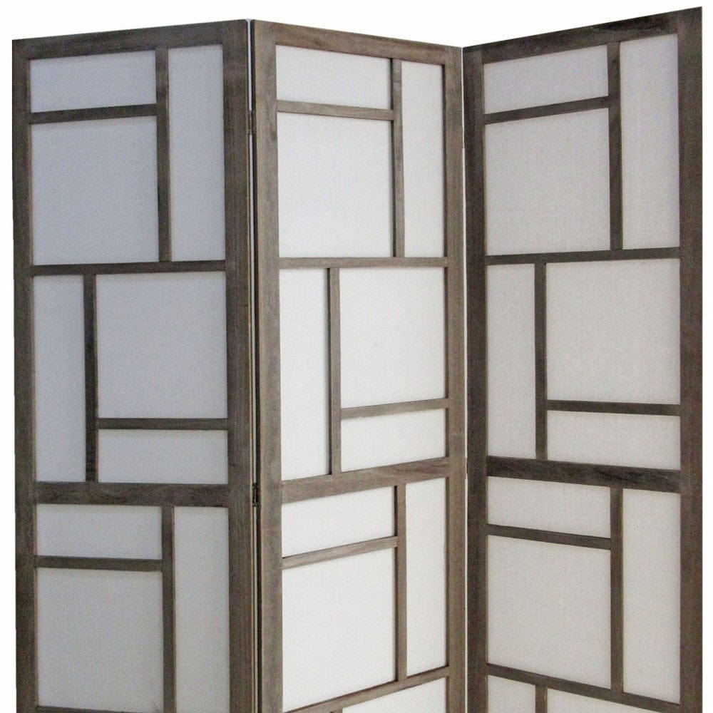 50" Gray and White Wood and Fabric Three Panel Screen Room Divider - Homeroots