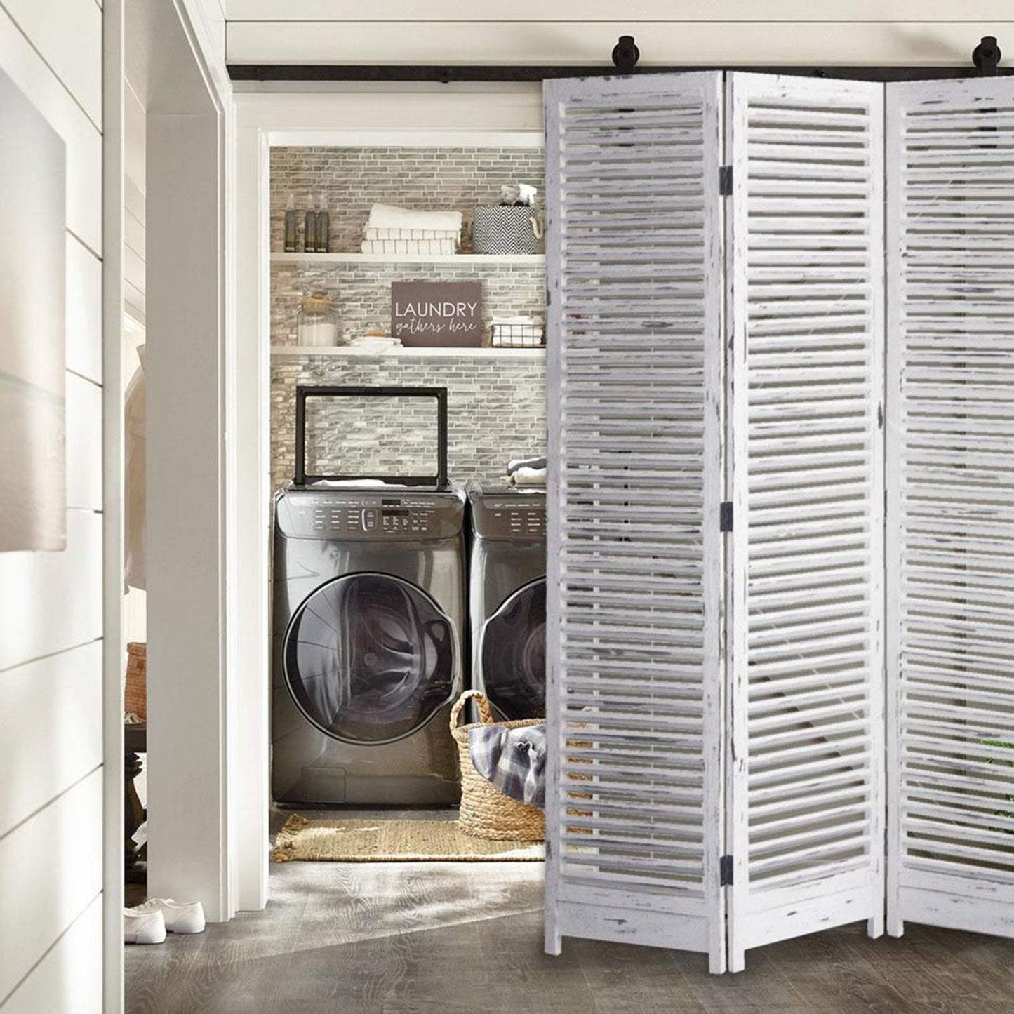 Distressed White Wood Shutter Three Panel Room Divider Screen - Homeroots - Flyclothing LLC