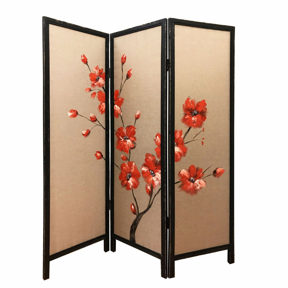 60 X 1 X 63 Brown Fabric And Wood Blooming  3 Panel Screen - Homeroots