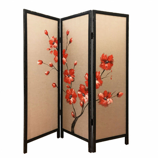 60 X 1 X 63 Brown Fabric And Wood Blooming  3 Panel Screen - Homeroots