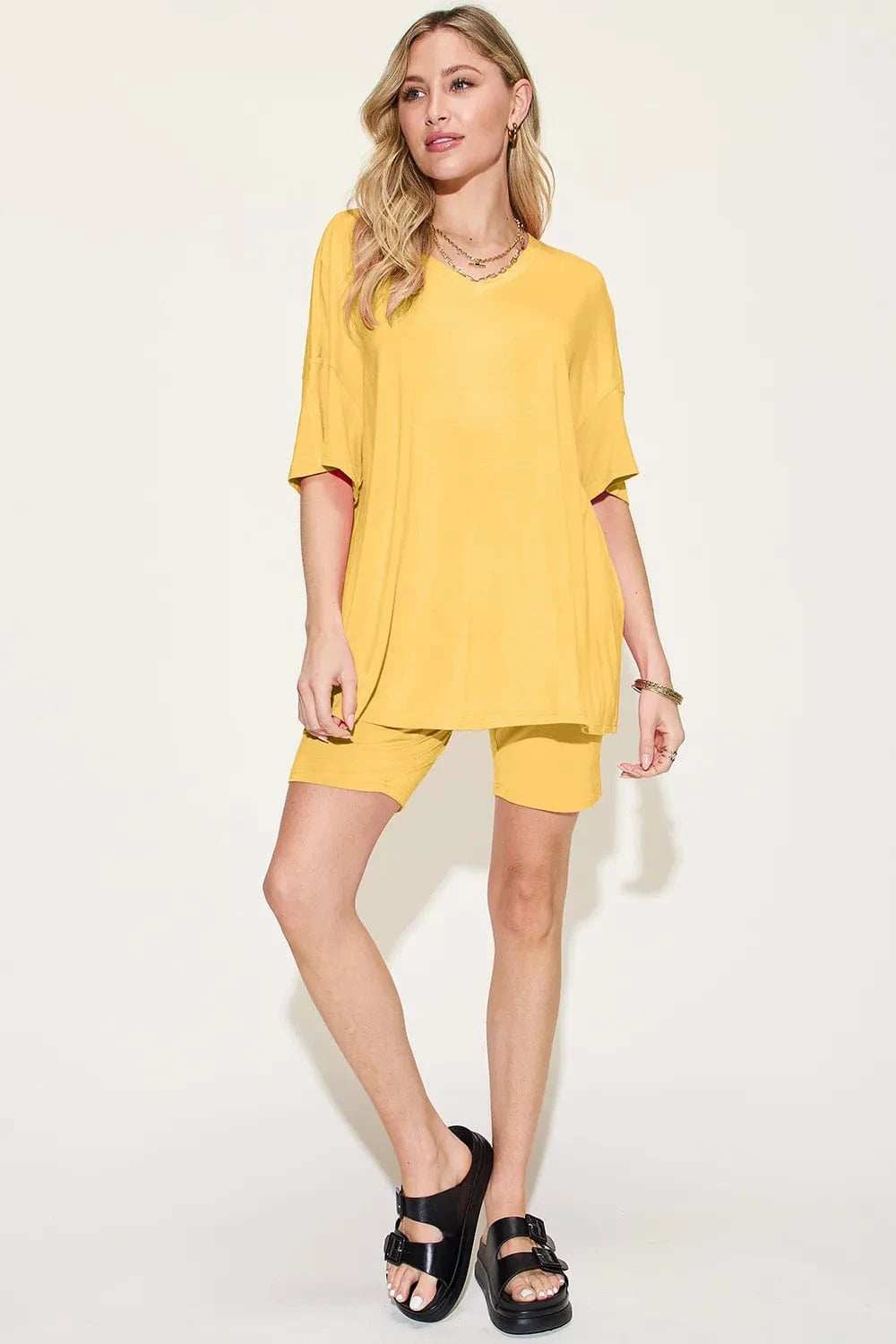 Basic Bae Bamboo Full Size V-Neck Drop Shoulder T-Shirt and Shorts Set - Trendsi - Flyclothing LLC