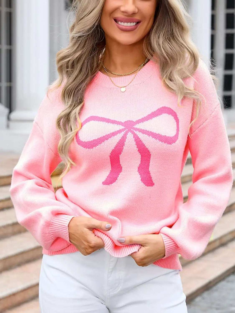 Bow Graphic Round Neck Long Sleeve Sweater - Trendsi - Flyclothing LLC