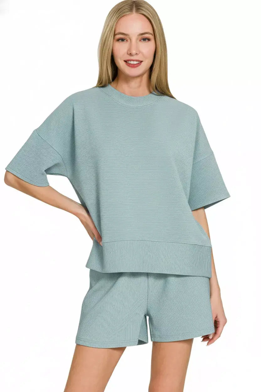 Zenana Ribbed Round Neck Waist Banded Tee & Shorts Set - Trendsi - Flyclothing LLC