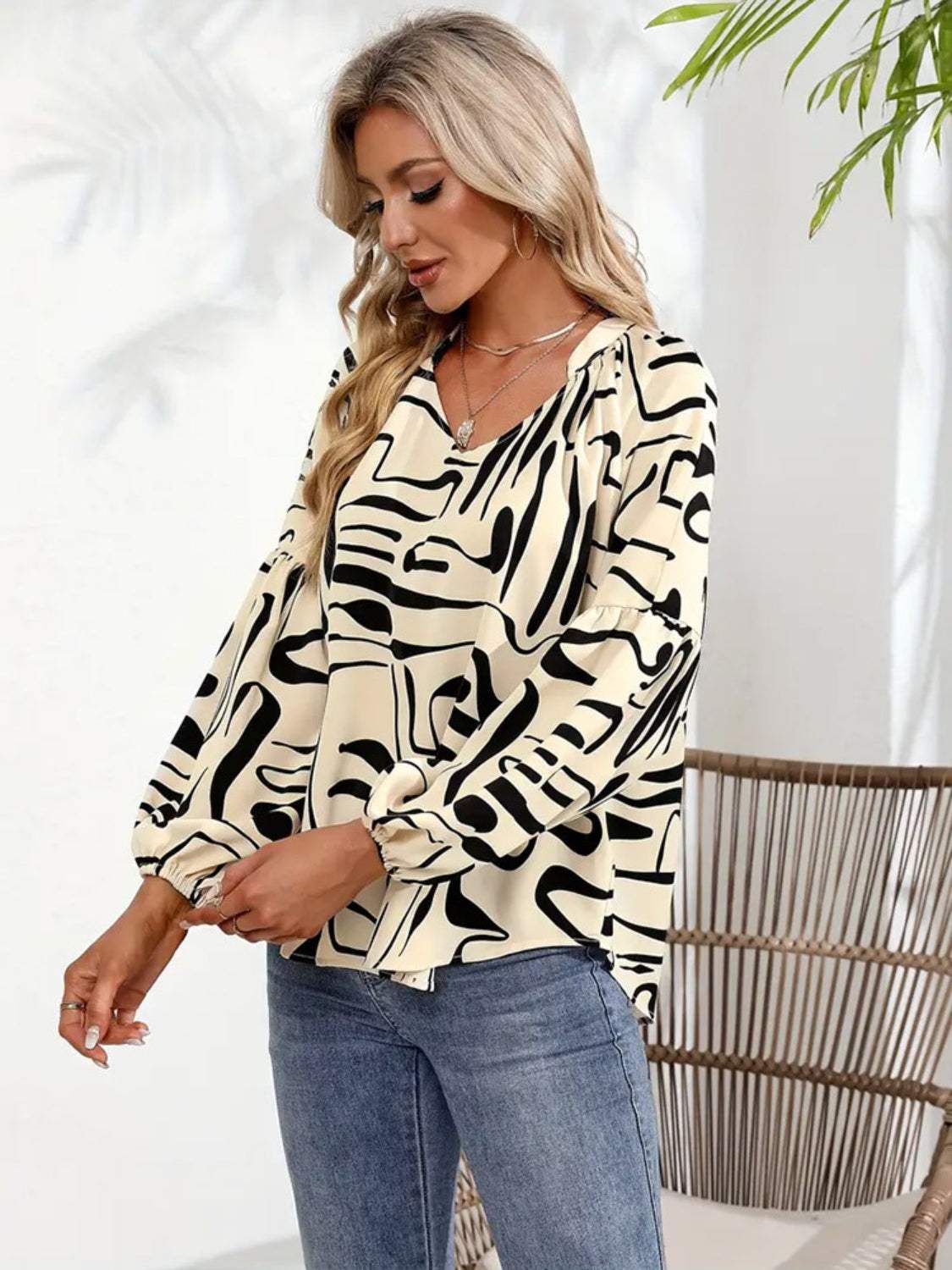 Printed Notched Long Sleeve Blouse - Trendsi - Flyclothing LLC
