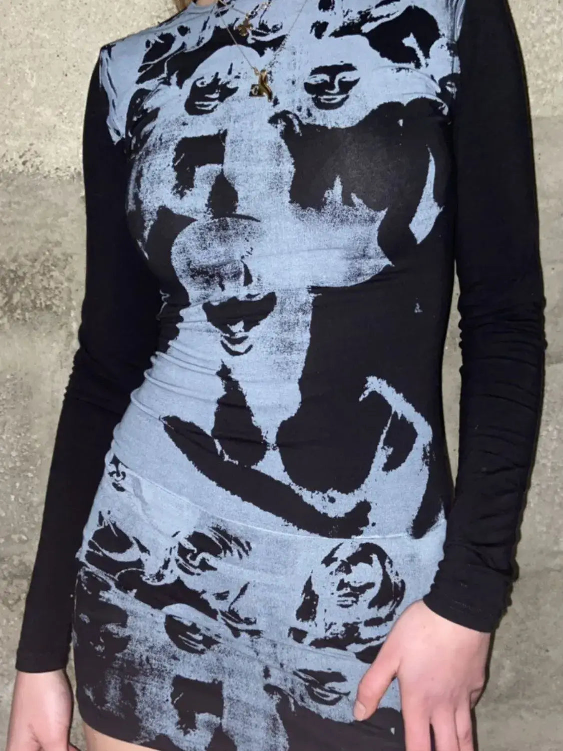 Printed Round Neck Long Sleeve Mini Dress - Trendsi - Flyclothing LLC