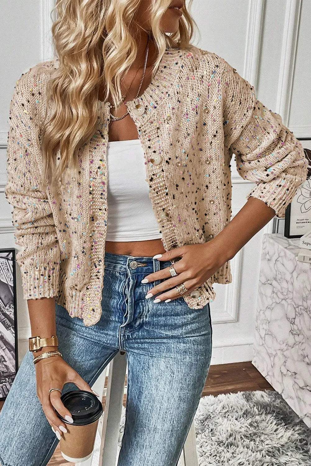 Confetti Button Up Long Sleeve Cardigan - Trendsi - Flyclothing LLC