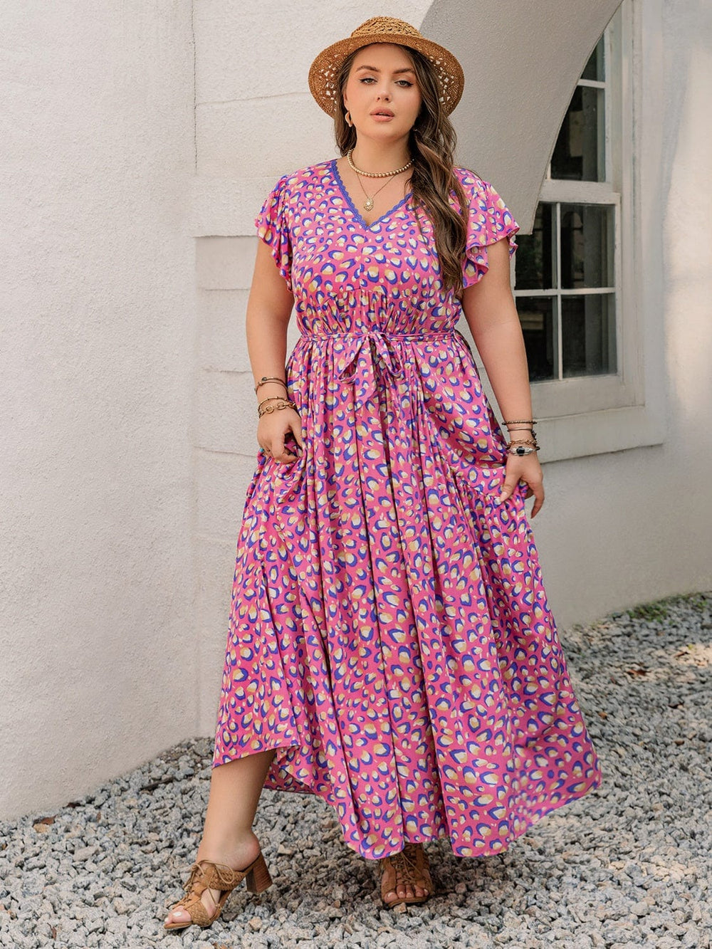 Plus Size Printed V-Neck Flutter Sleeve Tie Waist Maxi Dress - Trendsi