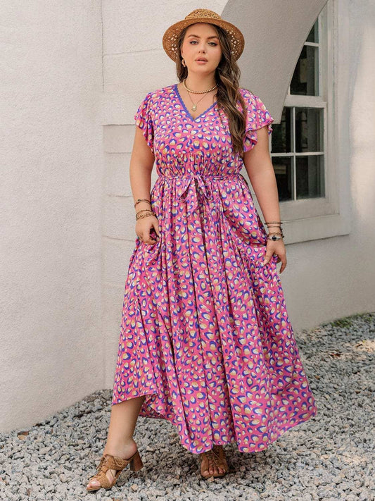 Plus Size Printed V-Neck Flutter Sleeve Tie Waist Maxi Dress - Trendsi - Flyclothing LLC