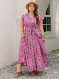 Plus Size Printed V-Neck Flutter Sleeve Tie Waist Maxi Dress - Trendsi