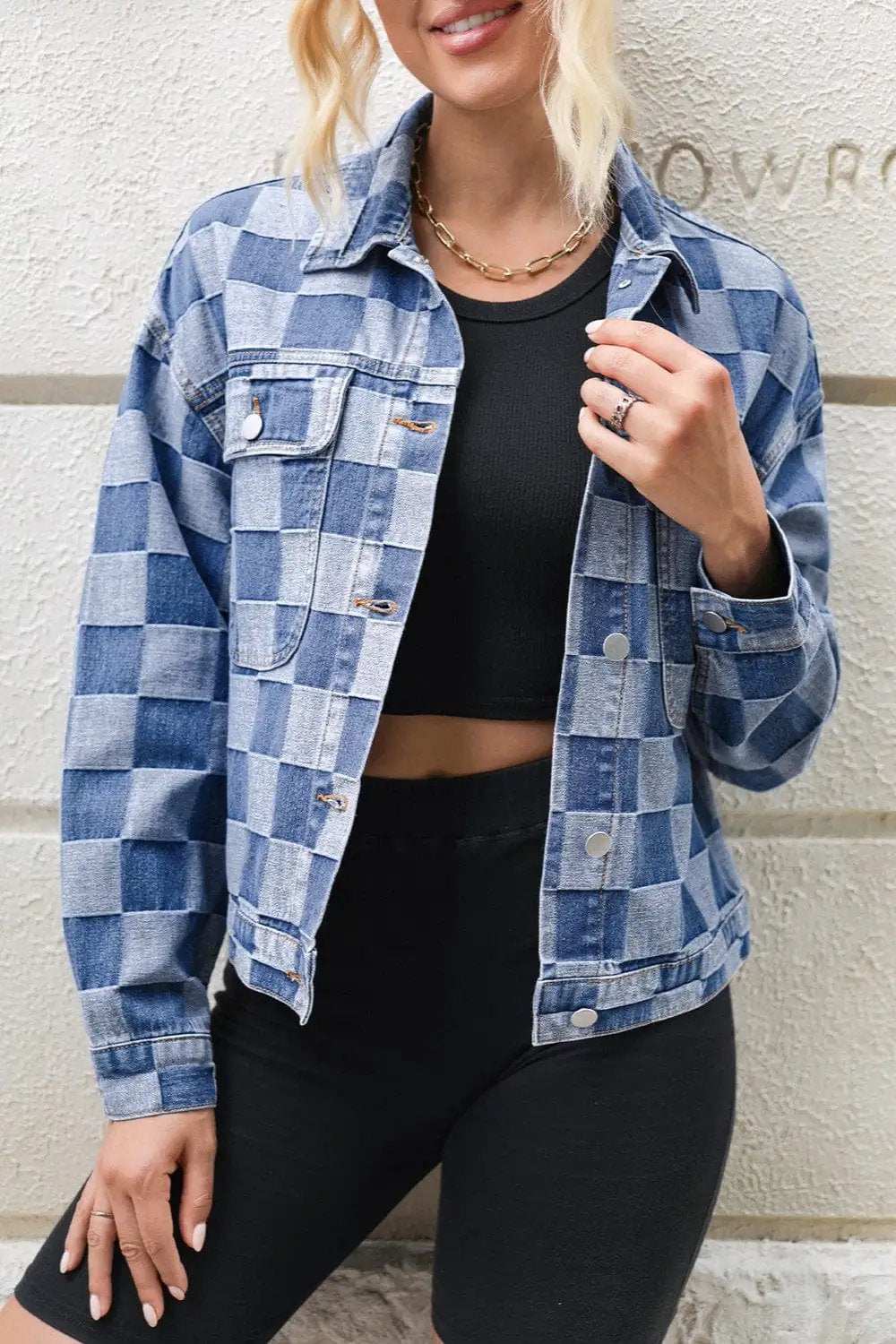 Checkered Button Up Long Sleeve Denim Jacket - Trendsi - Flyclothing LLC