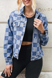 Checkered Button Up Long Sleeve Denim Jacket - Trendsi - Flyclothing LLC