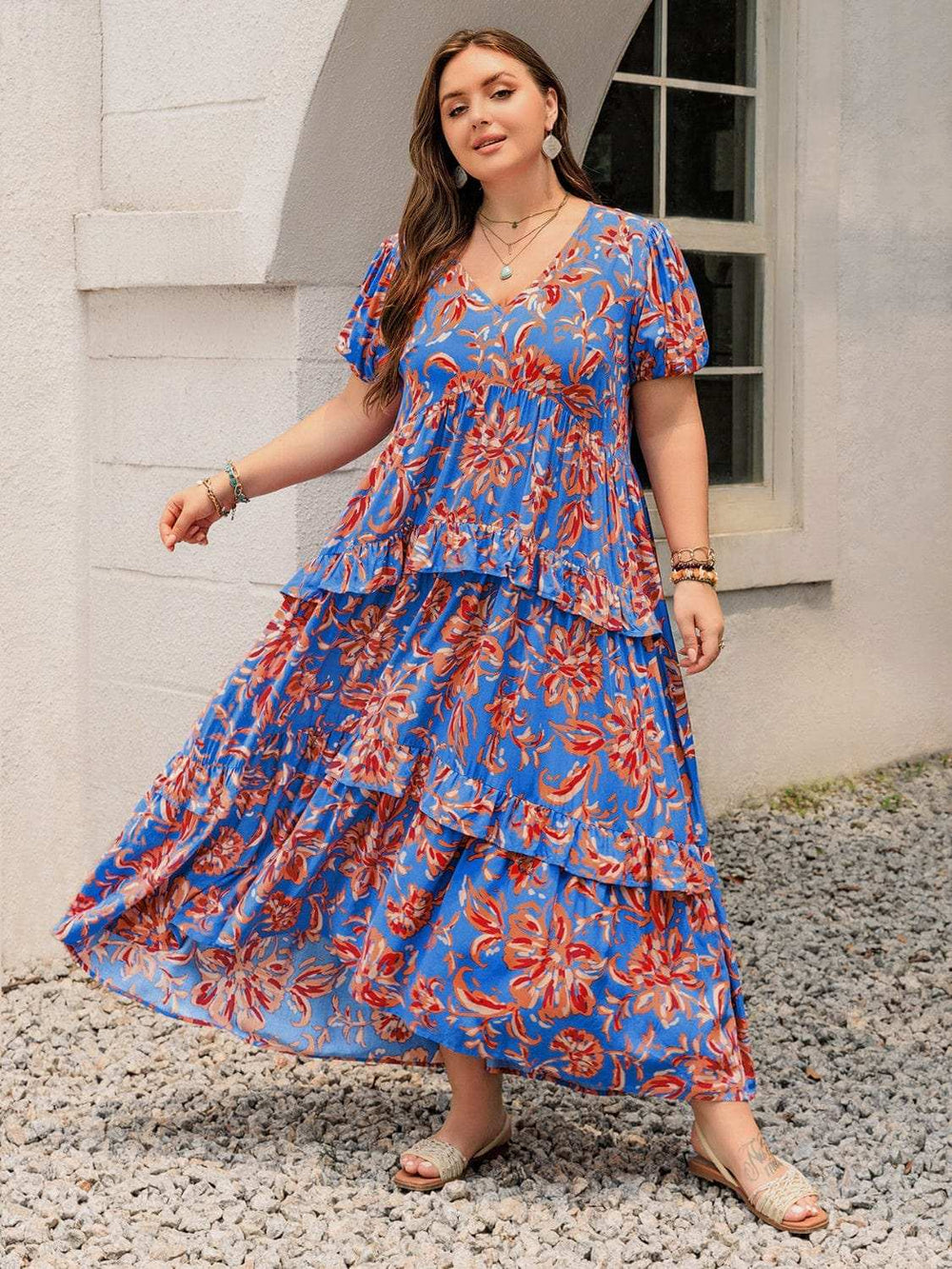 Plus Size Ruffled Printed V-Neck Short Sleeve Maxi Dress - Trendsi - Flyclothing LLC